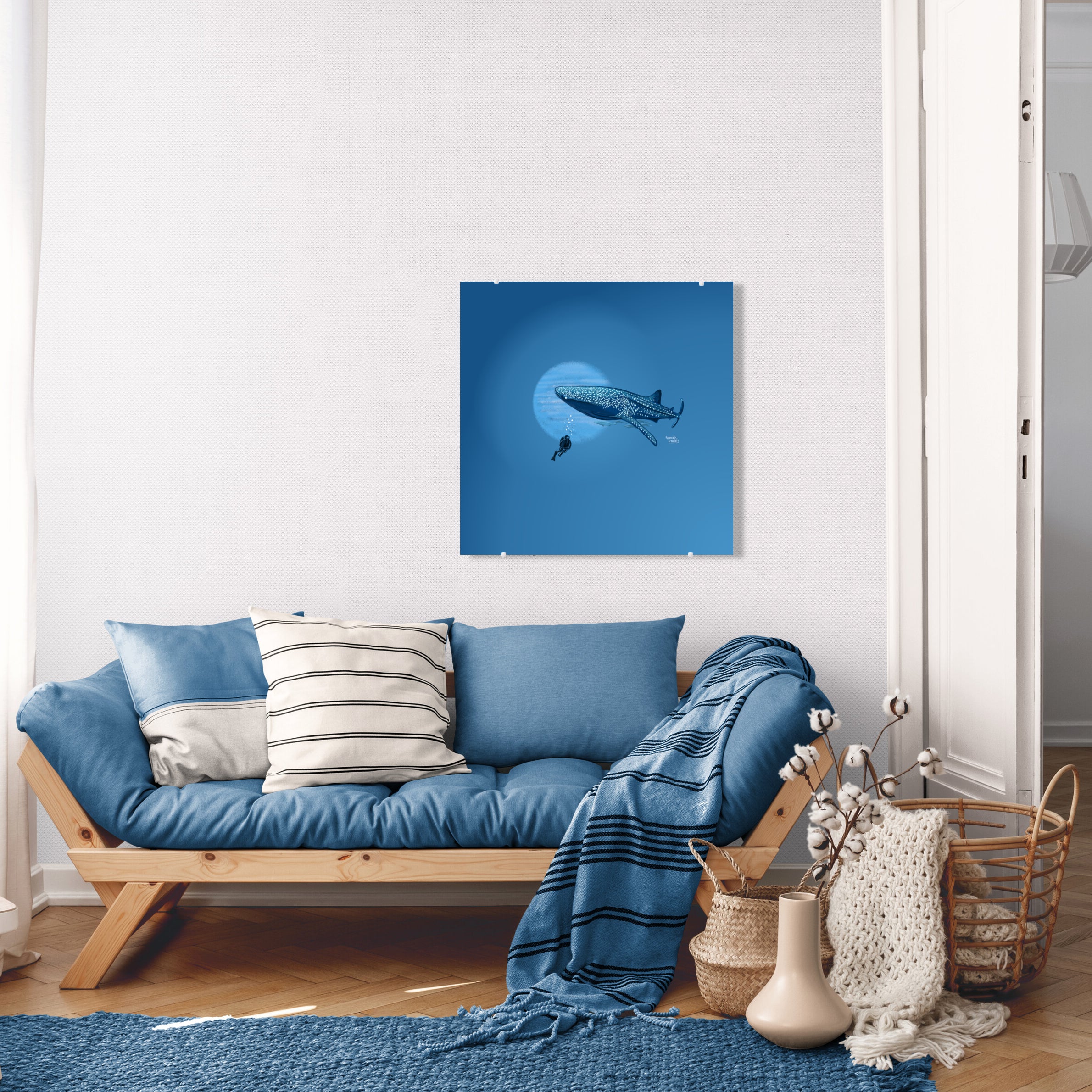 A scuba diver and a curious whale shark